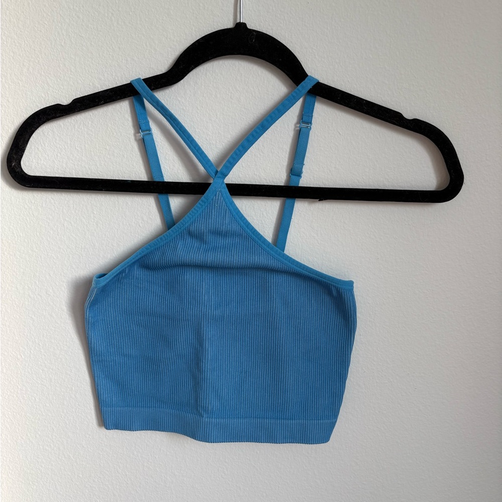 Blue Ribbed Athletic Crop Top